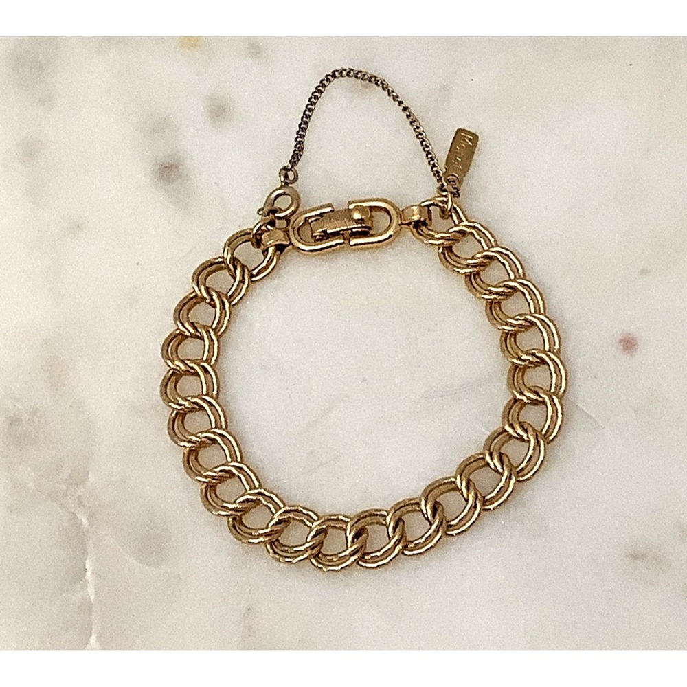 Monet Charm Bracelet Vintage Gold Tone Heavy Double Link Safety Chain MCM 6.5"